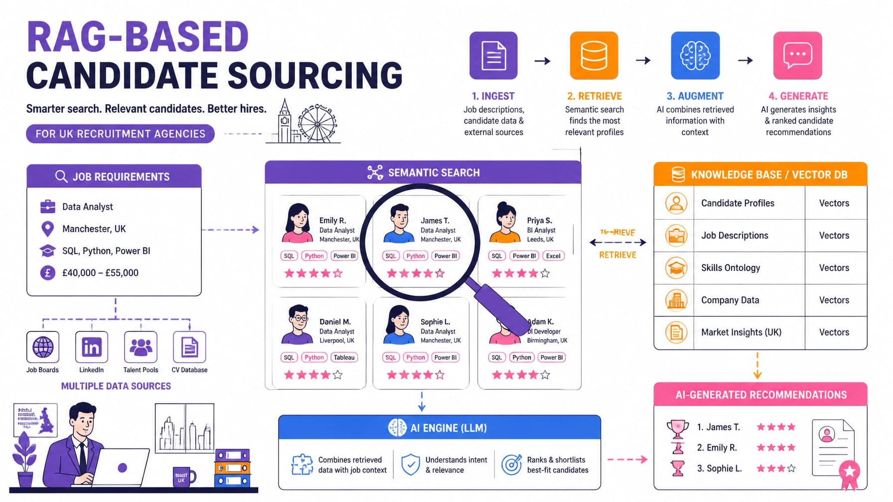 Flat design vector illustration of RAG-based candidate sourcing for UK recruitment agencies, showing a magnifying glass scanning candidate profile tiles, semantic search links, database elements, and AI icons in bold purple, orange, blue, and pink.