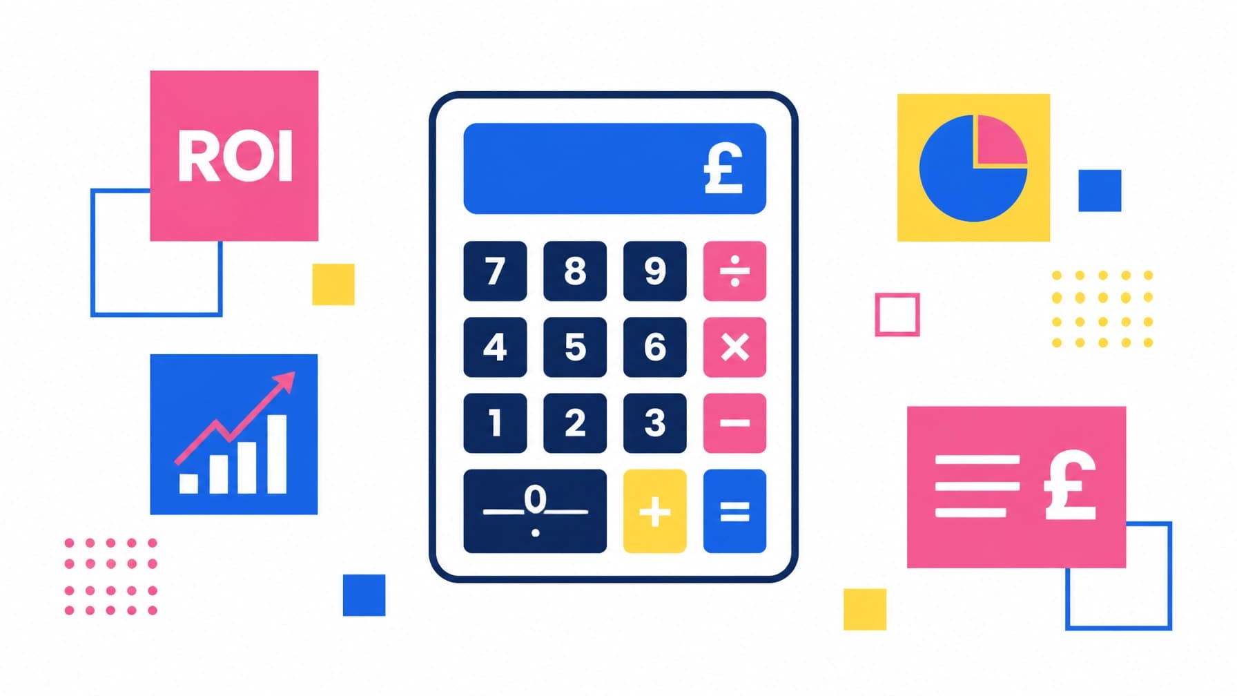 Flat design vector illustration for an AI ROI calculator blog post with a central minimalist calculator icon, geometric shapes, vibrant pink, bright blue, and sunny yellow on a clean white background.