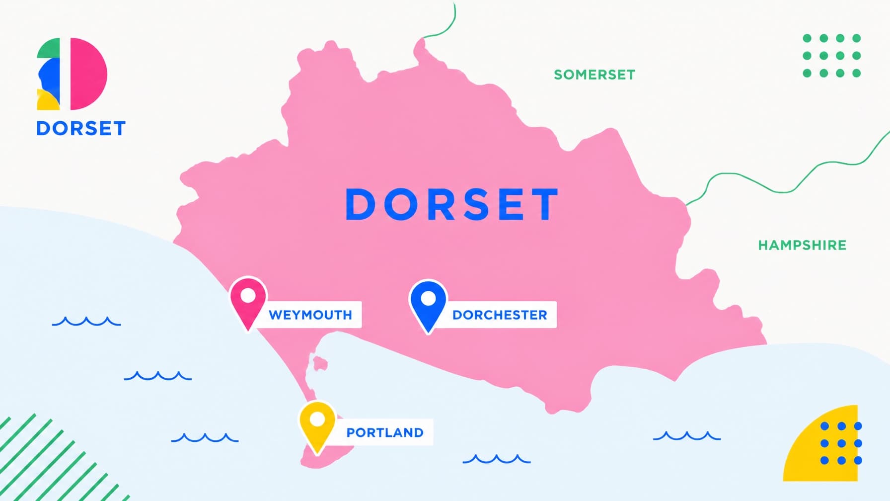 Flat design vector illustration of three location pins over a schematic map of Dorset, including Weymouth, Dorchester, and Portland, with vibrant pink and green pins on a light grey background.