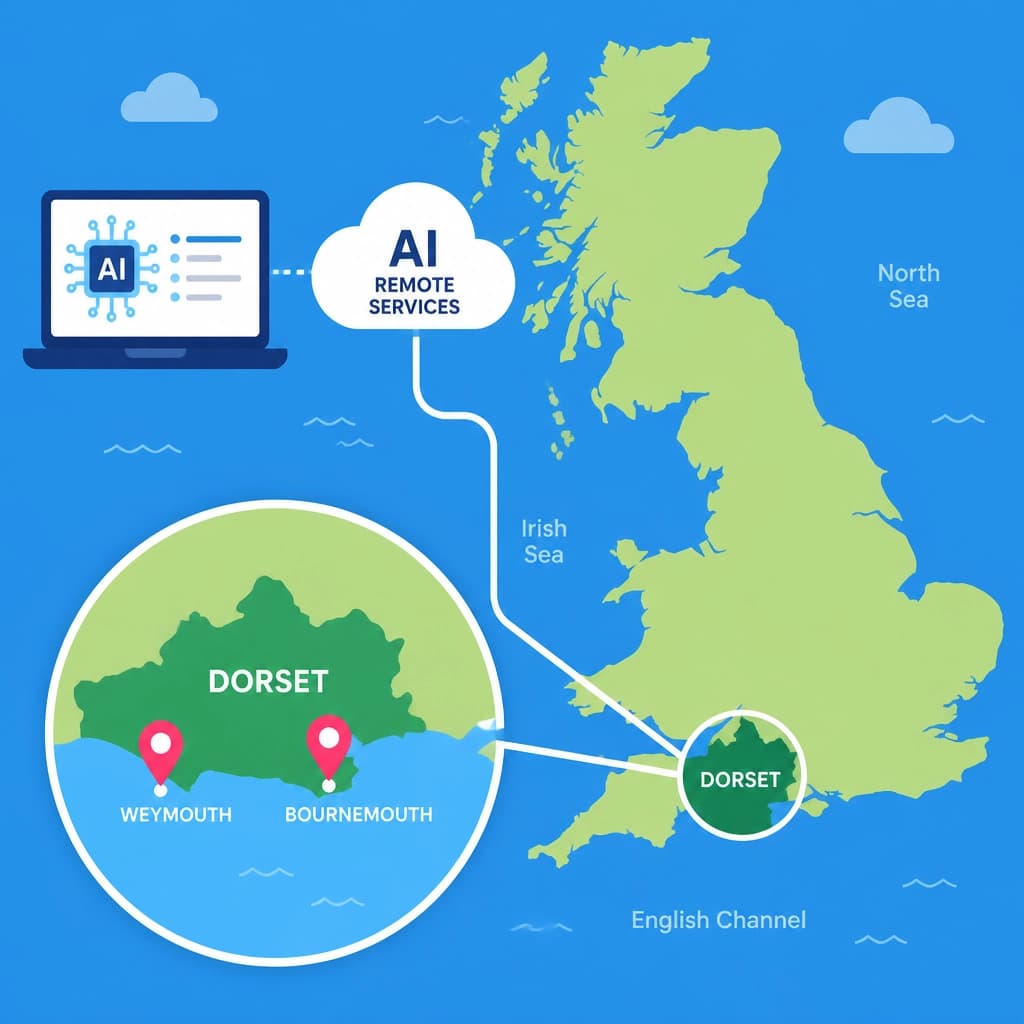 Map of Pyxage's presence in Dorset and remote services across the United Kingdom.