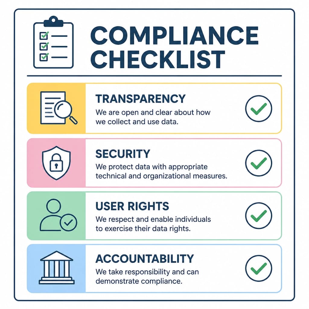 Compliance checklist graphic with key icons.