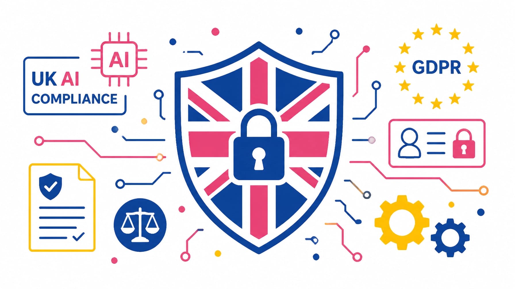 UK AI compliance and GDPR flat design illustration.